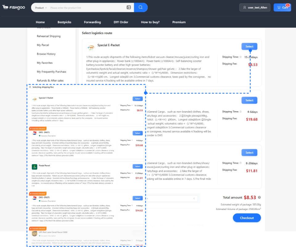 Choosing a shipping line in Fishgoo with real per-route costs and delivery times