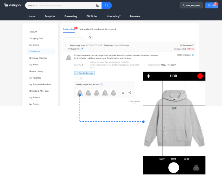 Fishgoo quality-check photos of a hoodie shown from five angles before shipping