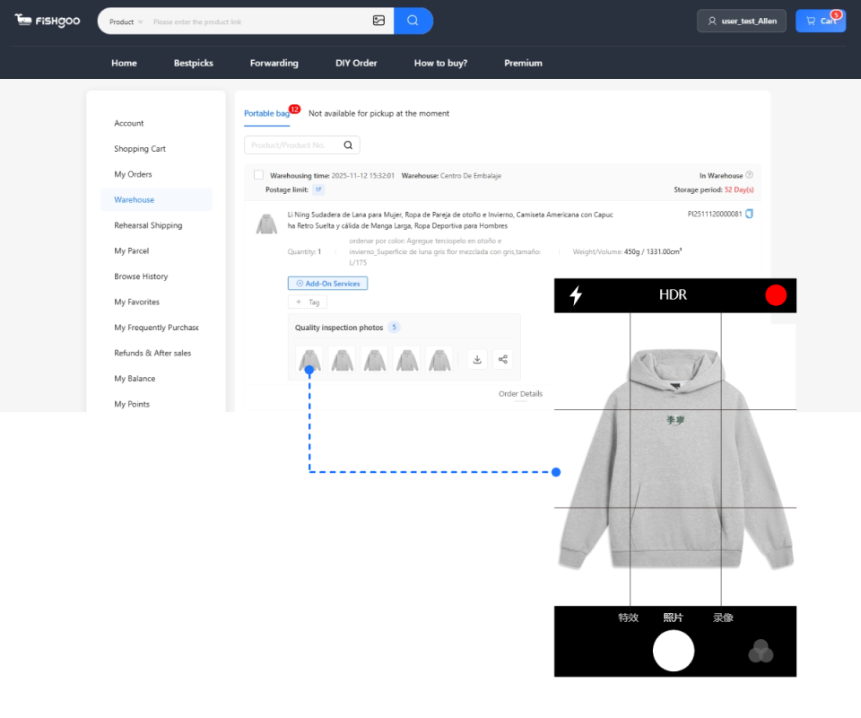 Fishgoo quality-check photos of a hoodie shown from five angles before shipping