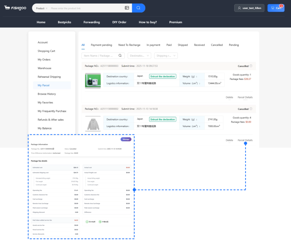 Fishgoo parcel page showing declared value, weight and logistics information