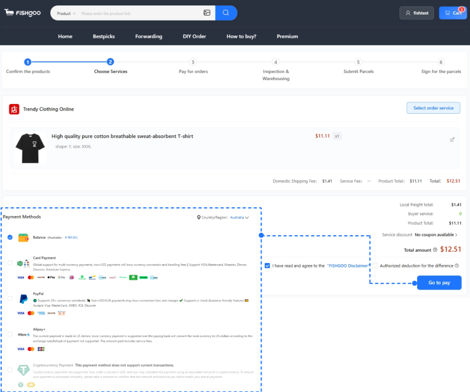 Fishgoo checkout page showing a real fee breakdown for a Taobao order